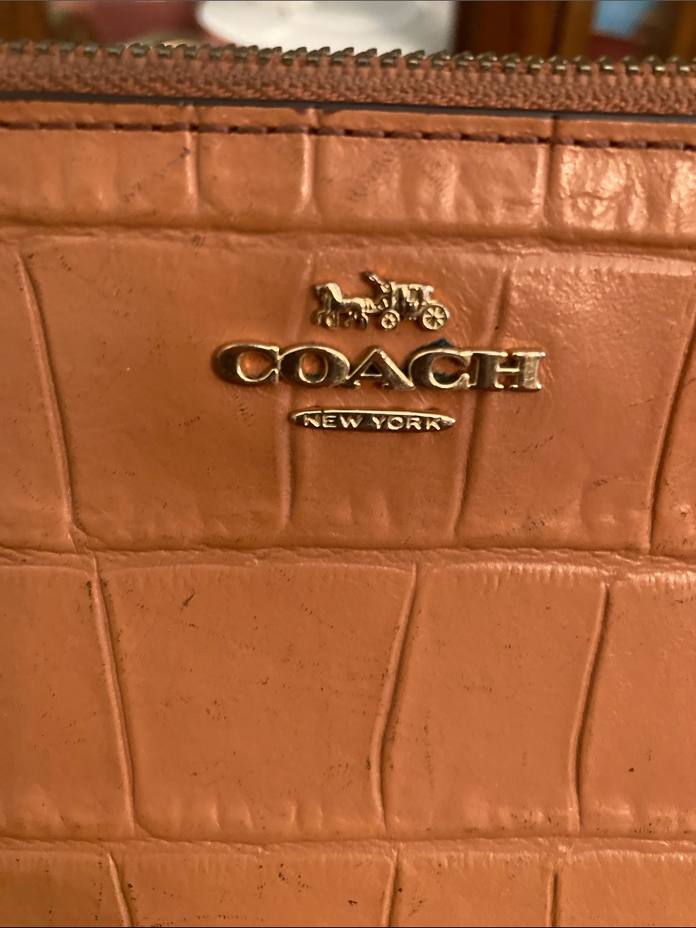 Coach Tan/Salmon Crocodile-Embossed Leather Clutch/Wristlet. - Picture 2 of 9